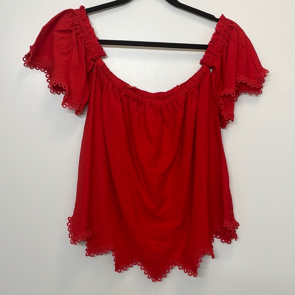 Moon River red off the shoulder blouse